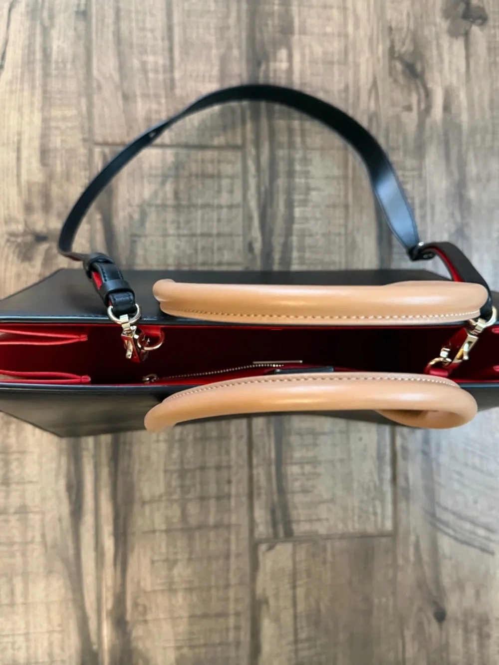 Christian Louboutin Black Tote with Tan Handles and Red Interior Trim - Picture 4 of 6